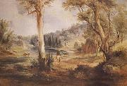 Australian Landscape with cattle and a stockman at a creek